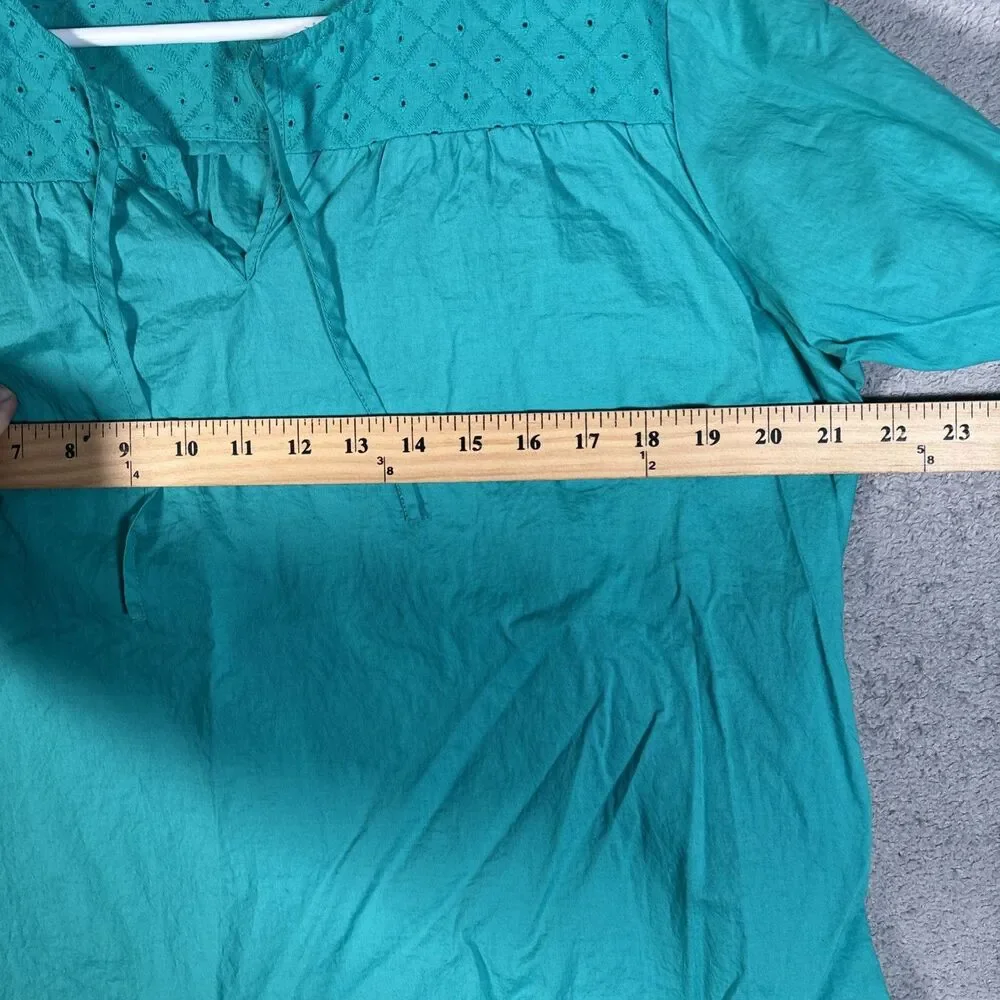 LL Bean Top Women’s Size M Teal Eyelet Chest Tie Neck‎ 3/4 Sleeve Blouse Shirt - Picture 7 of 11
